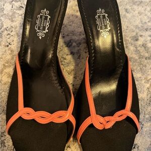 Lulu Guinness London- black and coral embroidered wedge - size 10